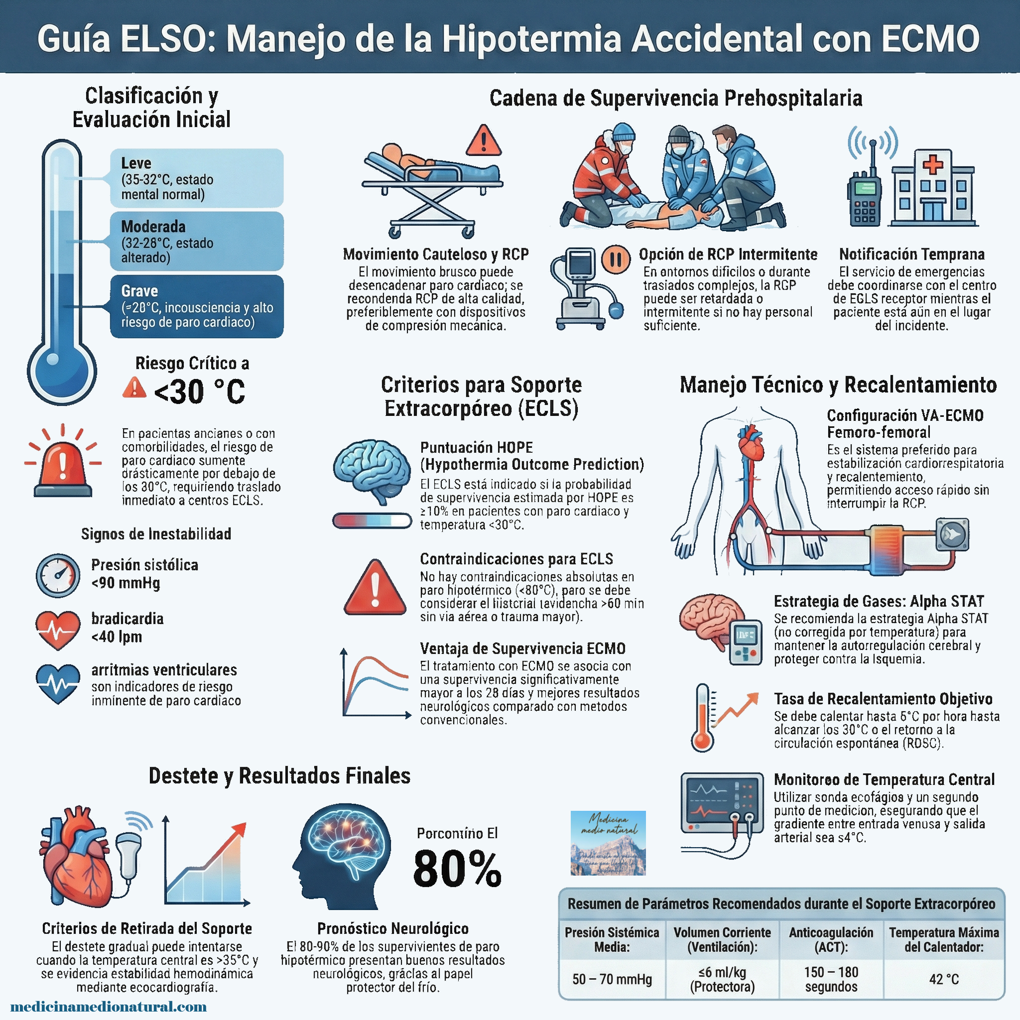 Infografía Guía ELSO de ECMO para la hipotermia accidental